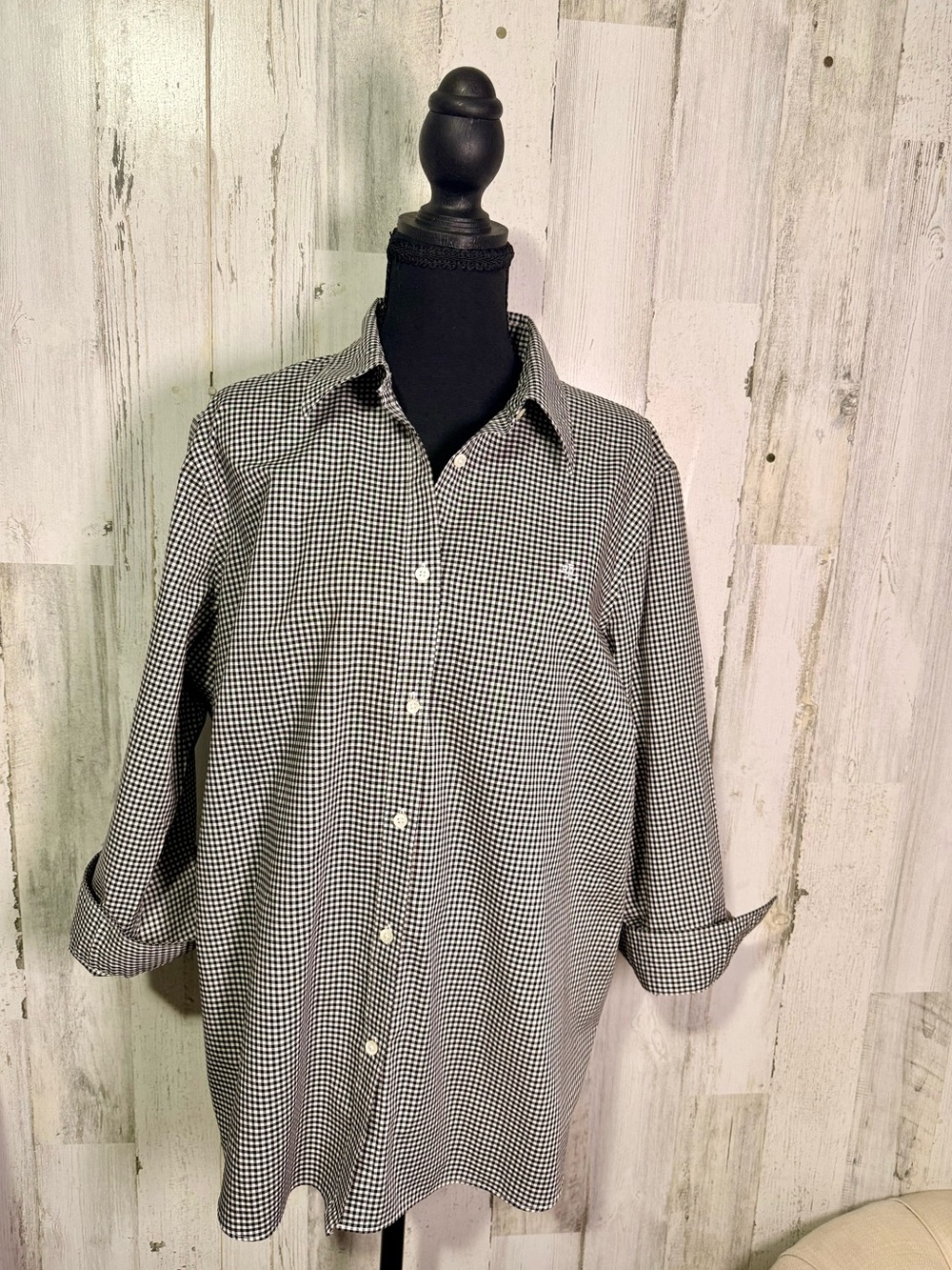 Lauren Ralph Lauren Black & White Gingham Non-Iron Button-Down Shirt 1X Cotton